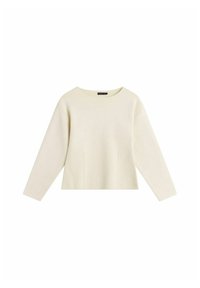 Crèmewitte top met lange mouwen, een afgeronde halslijn, een gestructureerde pasvorm en subtiele naaddetails aan de voorkant, gemaakt van een gladde stof.