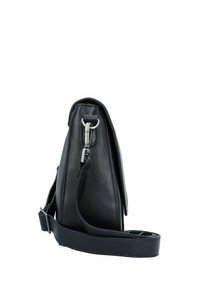 Borsa a tracolla in pelle blu scuro con tracolla regolabile, chiusura metallica visibile e texture a ciottoli mostrata di lato su sfondo bianco.