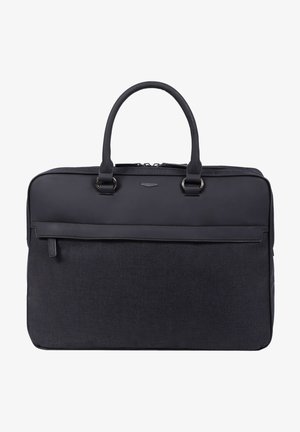 Zwarte textiele laptoptas met dubbele handgrepen, ritsluiting, voorvak en een gladde matte afwerking. Voorzien van metalen hardwareaccenten.
