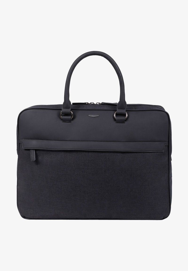 Sacoche pour ordinateur portable en textile noir avec deux poignées, fermeture éclair, poche avant et finition mate lisse. Équipée d'accents en métal.