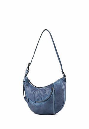 Bolso de hombro de cuero azul con forma curva, correa ajustable y bolsillo frontal con cremallera y tirador largo.