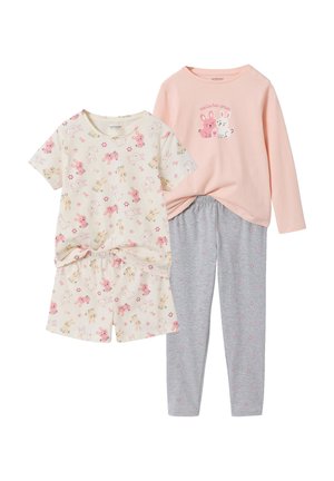 Kids’ pajamas set with short-sleeve top and shorts featuring pink bunny prints, and long-sleeve pink top with gray leggings decorated with small flowers.