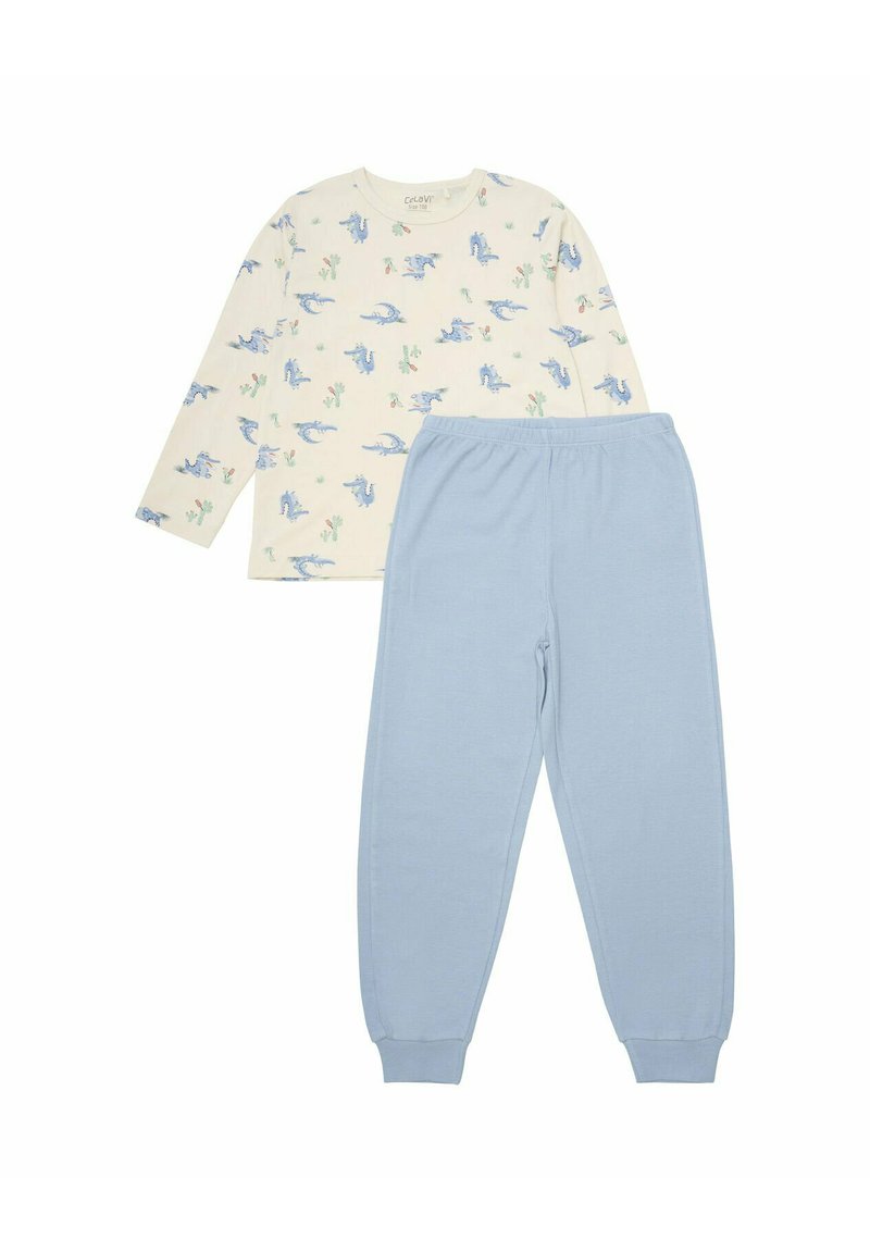 Baumwoll-Pyjama-Set mit einem cremefarbenen Langarmoberteil mit blauem Dinosaurierdruck und hellblauen Hosen mit elastischem Bund und gerippten Bündchen.