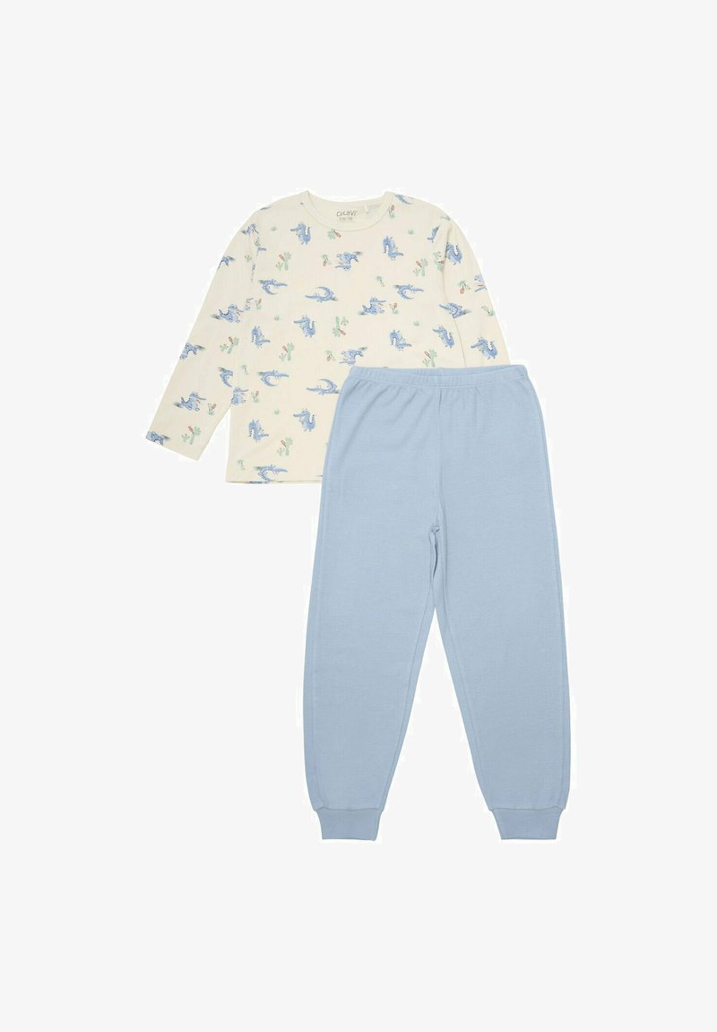Baumwoll-Pyjama-Set mit einem cremefarbenen Langarmoberteil mit blauem Dinosaurierdruck und hellblauen Hosen mit elastischem Bund und gerippten Bündchen.