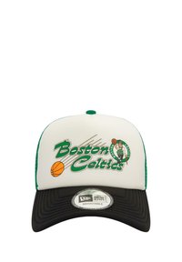 Boston Celtics cap with a white front, black visor, and green accents. Features team logo and name in bold colors, adjustable strap back.
