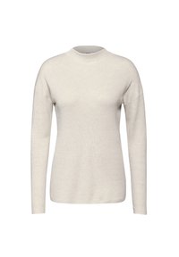 Rippstrickpullover in hellbeige mit hohem Kragen und langen Ärmeln. Das Material wirkt weich mit einer leichten Textur.