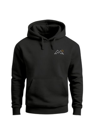 Black hoodie with a front pocket, featuring a white mountain graphic with an orange accent. Made from soft, durable fabric.