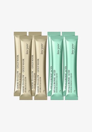 Four gold packets labeled "Good to Glow – Gold Mask" and four green packets labeled "Hyaluronic Acid Power Essence Liquid."