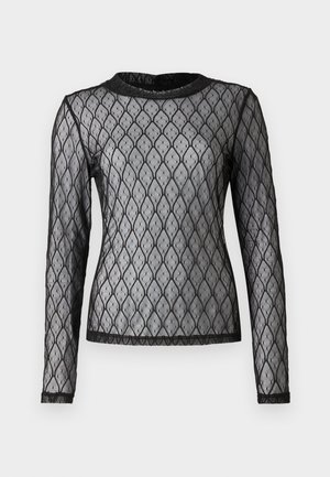 Black long-sleeve top made of sheer mesh featuring a diamond pattern with a textured finish and a round neckline, accented with a black trim.