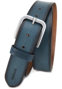 Cinturón de cuero azul con hebilla de metal plateado, múltiples agujeros para ajuste y logo "Wittchen" en relieve en el sujetador.