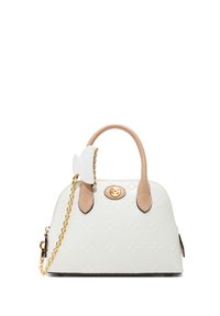 Borsa bianca con motivo impresso, manici in pelle beige e hardware dorato. Include un fiocco decorativo bianco e una tracolla a catena.