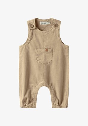 Beżowy bezrękawnik dla niemowląt z kieszenią z przodu, zapięciami na guziki na ramionach i marszczonymi elastycznymi mankietami, przeznaczony dla dzieci w wieku 1-2 miesięcy.