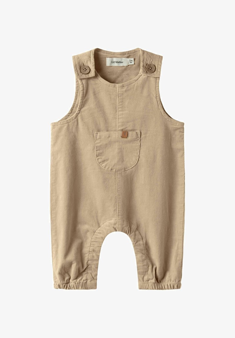 Combinaison sans manches beige pour bébé, avec poche frontale, boutons aux épaules et poignets élastiqués froncés, pour bébé de 1 à 2 mois.