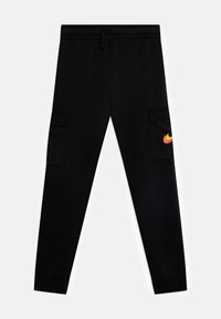 Black jogger pants with a drawstring waist, tapered legs, side pockets, and a colorful Nike logo on the left side.