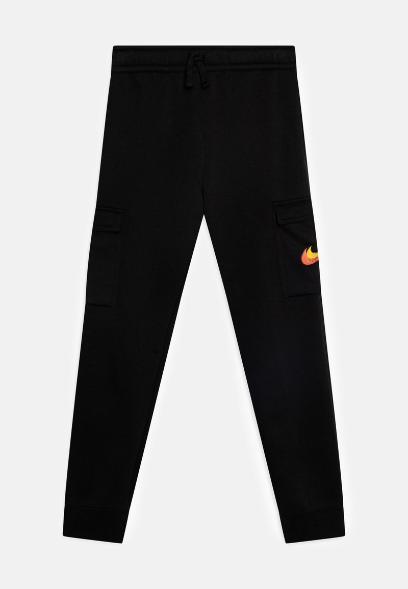 Black jogger pants with a drawstring waist, tapered legs, side pockets, and a colorful Nike logo on the left side.