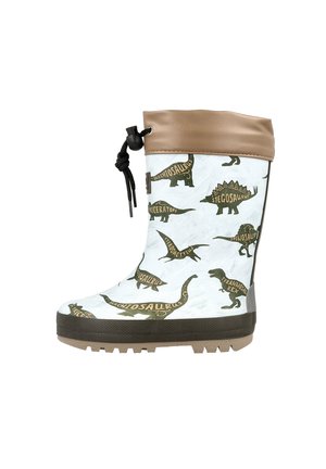 Kindlicher weißer Regenstiefel mit braunem oberen Rand und Sohle, dekoriert mit grünen Dinosaurier-Silhouetten und Namen, mit schwarzem Zugbandverschluss.