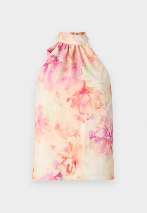 Bloemenprint haltertop in zachte pastelkleuren, met een geraffineerde halslijn en vloeiende stof. Lichte textuur met een losse silhouet.