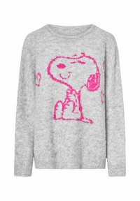 Grijze fuzzy trui met een opvallende roze Snoopy graphic. Ronde halslijn en lange mouwen, textiel met een zachte afwerking.
