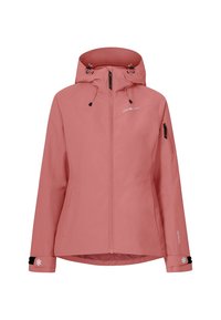 Giacca impermeabile rosa con cappuccio regolabile, maniche lunghe, chiusura frontale con zip e accenti neri ai polsi. Presenta un logo sul lato superiore sinistro.