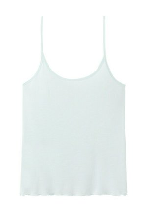 Light blue sleeveless camisole with thin adjustable straps and a slightly scalloped hem on a white background.