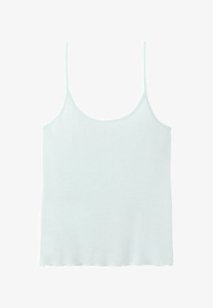 Light blue sleeveless camisole with thin adjustable straps and a slightly scalloped hem on a white background.