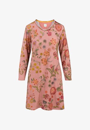 Rosa Tunika-Kleid mit langen Ärmeln und V-Ausschnitt. Bestickte Blumenmuster in verschiedenen Farben bedecken den Stoff und verleihen Textur und Detail.