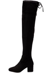 Černé kozačky nad kolena z měkké látky s hladkou texturou, vybavené blokovým podpatkem a zavazovacím detailem nahoře.