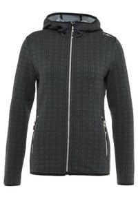 Donkergrijze zip-up hoodie met geometrisch diamantpatroon, twee met rits afgesloten zijzakken en een capuchon.