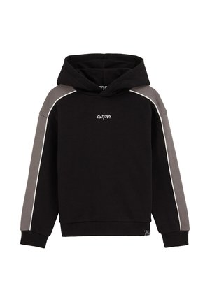 Fekete kapucnis pulóver szürke ujjakkal, fehér pánttal és kis méretű, fehér "SALTYDOG" felirattal a mellkason.