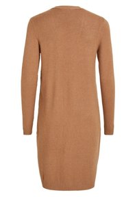 Abito maglione marrone, con maniche lunghe, scollo rotondo e orlo a coste. Texture morbida con silhouette aderente.