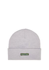 Grijze gebreide muts met een opgevouwen boord. Heeft een klein, geborduurd logo in blauw en geel aan de voorkant. Zachte textuur, nauwsluitende pasvorm.