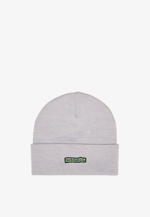 Gray knitted beanie with a folded cuff. Features a small, embroidered logo in blue and yellow on the front. Soft texture, snug fit.