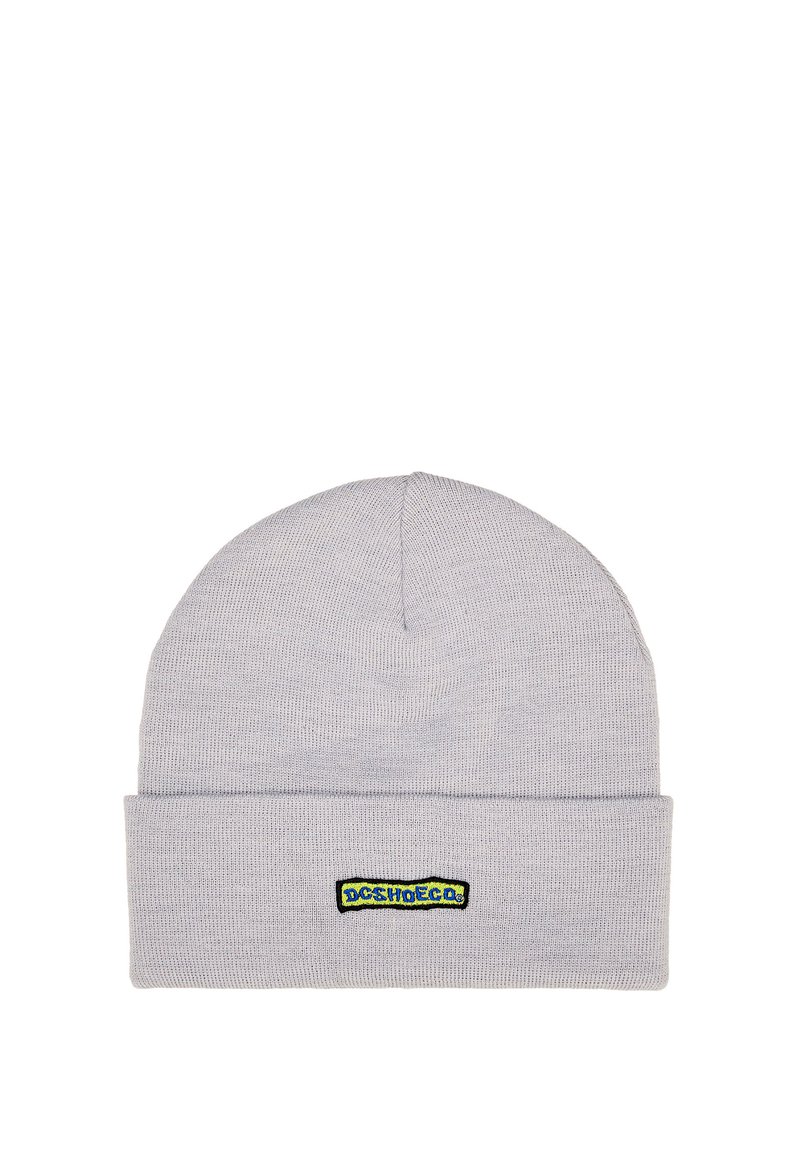 Grijze gebreide muts met een opgevouwen boord. Heeft een klein, geborduurd logo in blauw en geel aan de voorkant. Zachte textuur, nauwsluitende pasvorm.