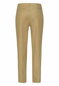 Pantaloni da uomo in lino beige chiaro. Taglio dritto con una superficie liscia, dotati di due tasche posteriori con accenti metallici circolari.