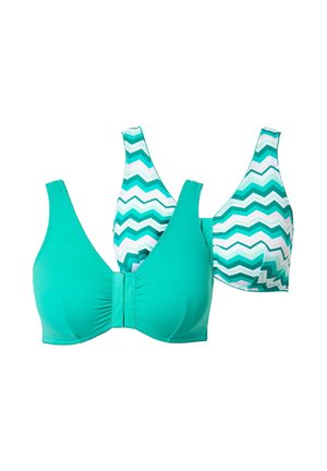 Dos sujetadores de mujer, uno sólido color turquesa visto de frente, otro visto de espaldas con un patrón de zigzag en turquesa, blanco y verde azulado.