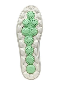 Shoe sole featuring a white base with circular mint green accents. Notable texture includes perforated circles for breathability.