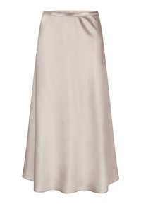 Une jupe A-line en satin beige clair avec une texture lisse, une taille élastique et un ourlet arrondi pour une silhouette fluide.