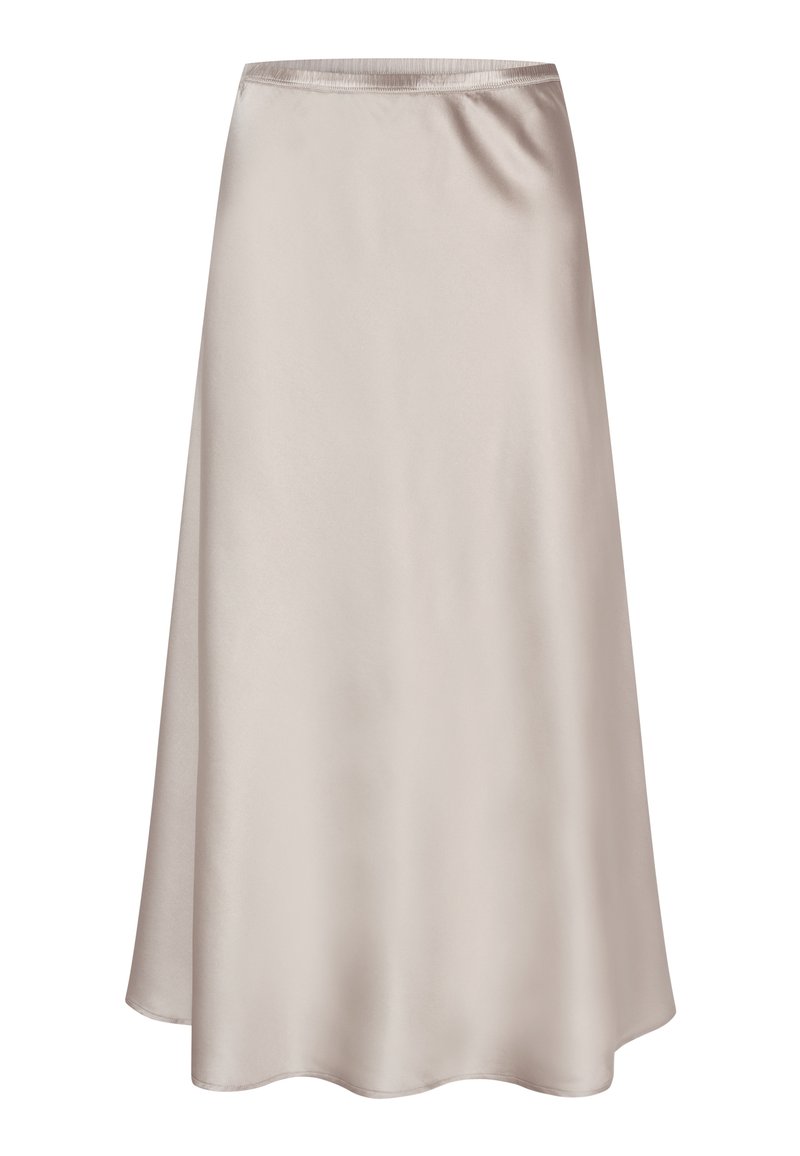 Gonna A-line in satin, colore beige chiaro, con fascia elastica in vita, texture liscia e una silhouette fluida con orlo curvo.