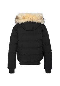 Sort dunjakke med pelsforet hætte, elastiske manchetter og linning, med quiltede sektioner for isolering. Set bagfra.