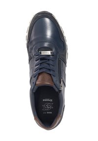 Navy leather sneaker with suede accents, round toe, lace-up front, side zipper, and brown leather detail at heel. Textured sole. Wide fit.