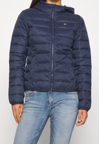 Marinblå pufferjacka med huva, försedd med horisontell quiltning, en framdragkedja och en liten logotyp på bröstet. Lämplig för kallt väder.