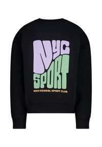 Sweatshirt noir avec un texte audacieux et coloré : "NYC SPORT" en lavande et vert, avec "CLUB SPORTIF DU LYCÉE" en orange en bas.