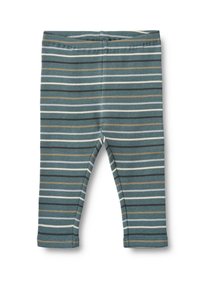 Baumwoll-Leggings in Teal mit horizontalen Streifen in Weiß, Beige und Dunkelgrün. Sie verfügen über einen weichen Bund und schmal zulaufende Beine.