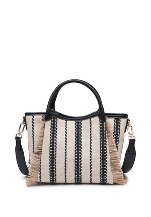 Tote bag with black and beige vertical stripes, black leather handles, detachable shoulder strap, and beige fringe accents on sides.