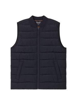 Marine gewatteerd vest met een doorgestikt ontwerp, mouwloos, hoge kraag, ritssluiting aan de voorkant en zijzakken. Gladde textuur, praktisch en warm.