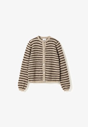 Bēšs vilnas kardigans ar horizontālām tumši brūnām svītrām, apaļu kakla izgriezumu, garām piedurknēm un pogām priekšpusē.