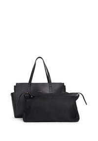 Borsa a tracolla nera in pelle con finitura testurizzata e due manici resistenti, accompagnata da una pochette nera in nylon liscio con chiusura a zip.