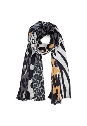Sciarpa con motivi di stampa animale misti in nero, grigio, bianco e giallo senape, disposta a loop allentato con bordi frangiati.