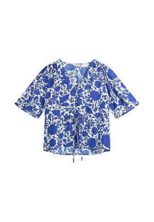 Blauwe blouse met bloemenpatroon, wijde mouwen, V-hals, knopen aan de voorkant en een verstelbaar strikje in de taille.