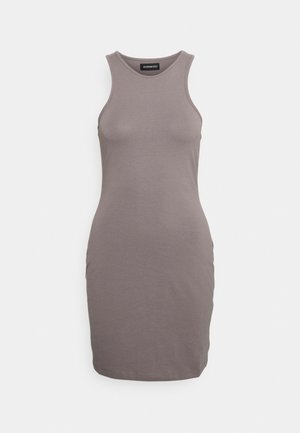 Vestido cinza sem mangas, feito de tecido macio, ajuste ao corpo, até aos joelhos, com decote arredondado e sem adornos visíveis.